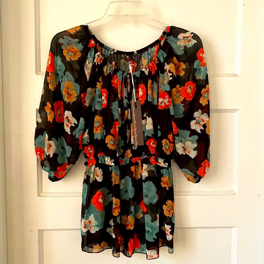 Hazel Black Floral Sheer 3/4 Sleeve Top Size Medium